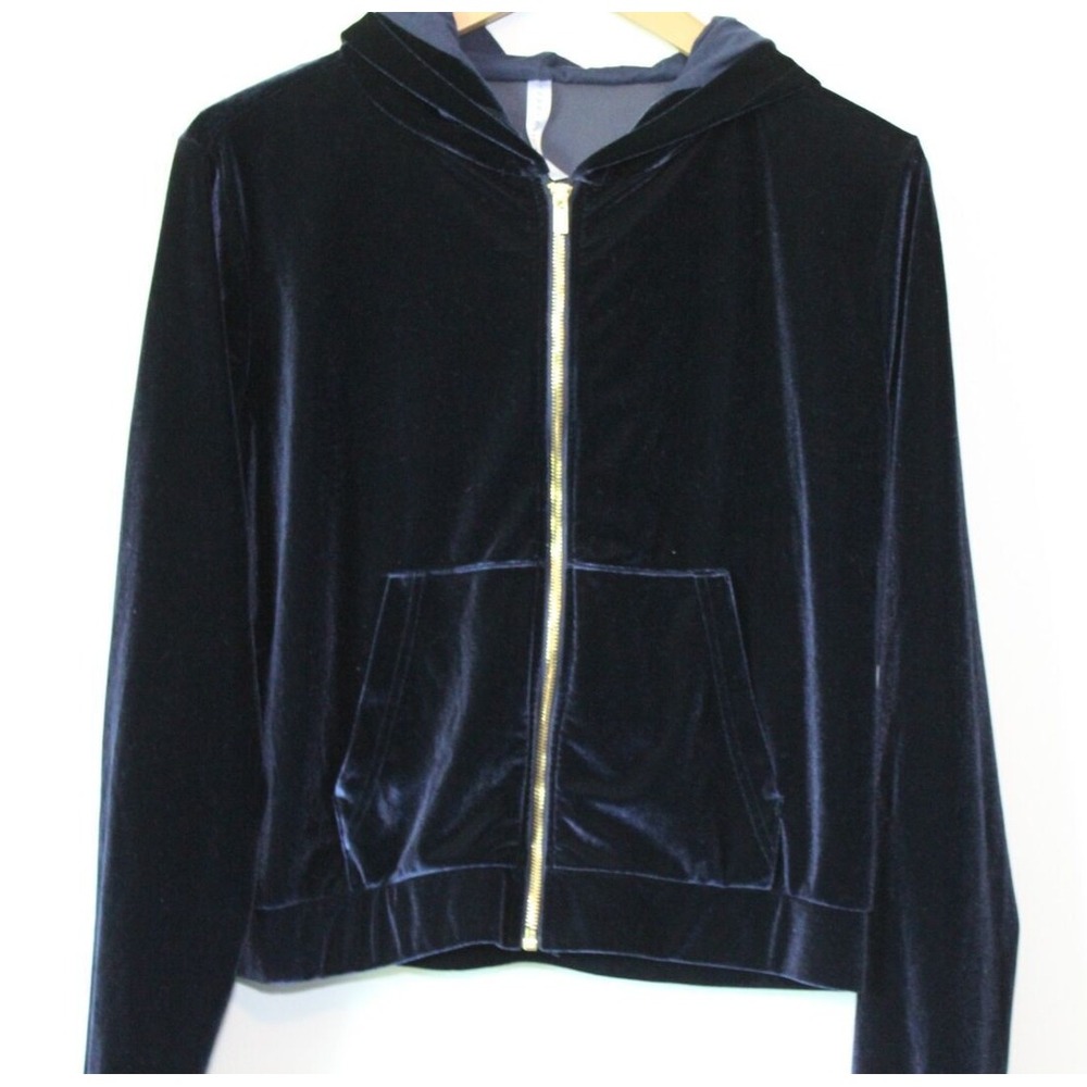 ✨2/$20 Fabletics Donna Velour Full Zip Up Hoodie Deep Navy Gold Medium Jacket - Picture 10 of 10